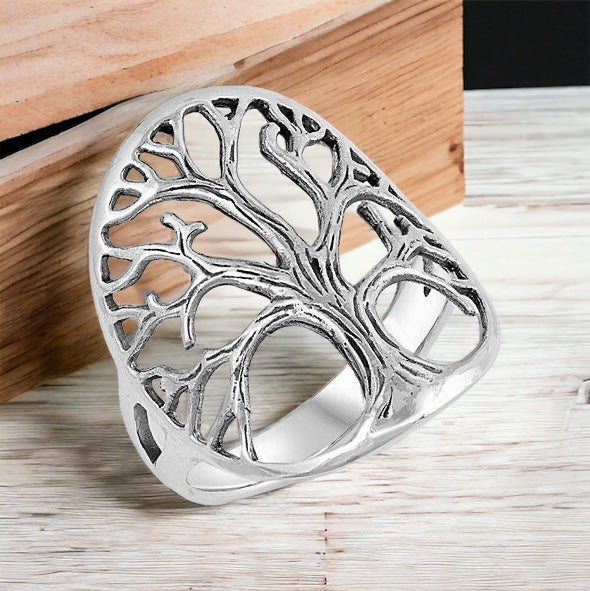 Large 925 Sterling Silver Tree of Life Ring Band Size 5-10