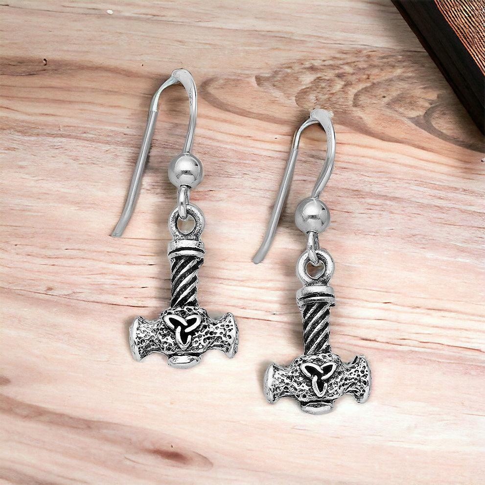 Handcast 925 Sterling Silver Viking Thor’s Hammer Mjolnir Dangle Earrings