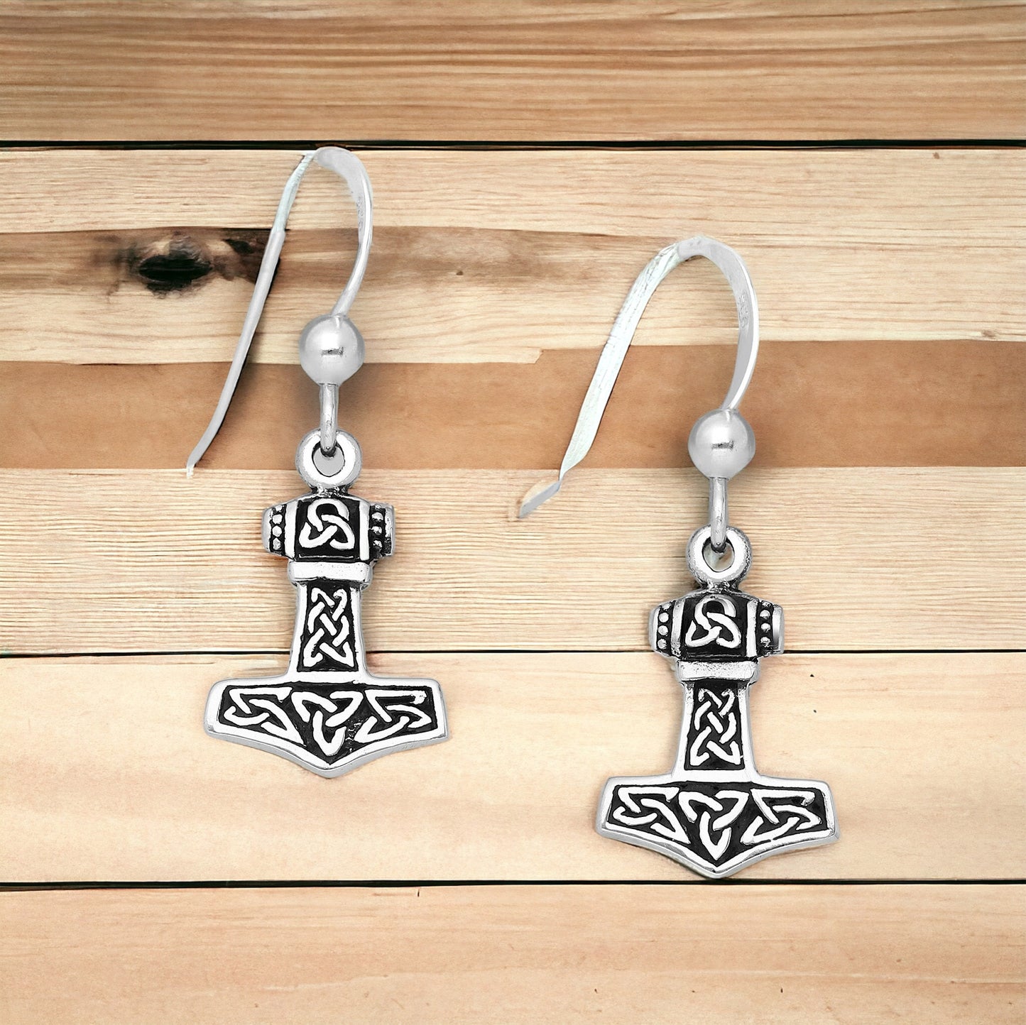 Handcast 925 Sterling Silver Viking Thor’s Hammer Mjolnir Dangle Earrings