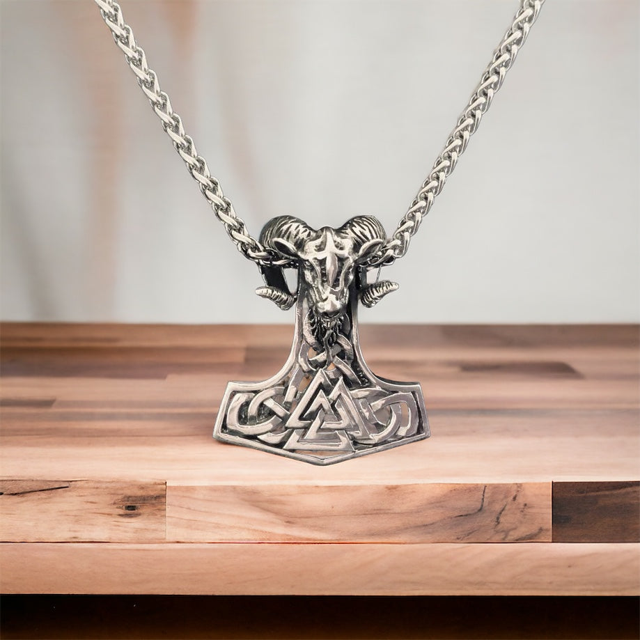 Large Handcast 925 Sterling Silver Norse Viking Ram Ram's Head Thor's Thors Hammer Mjolnir Pendant + Free Chain