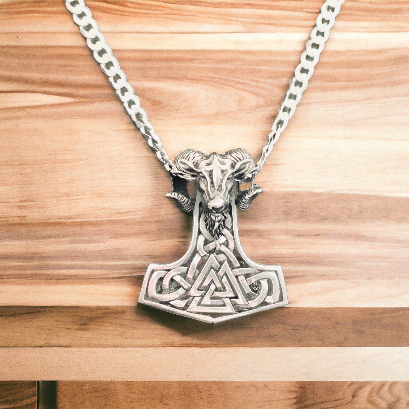 Large Handcast 925 Sterling Silver Norse Viking Ram Ram's Head Thor's Thors Hammer Mjolnir Pendant + Free Chain