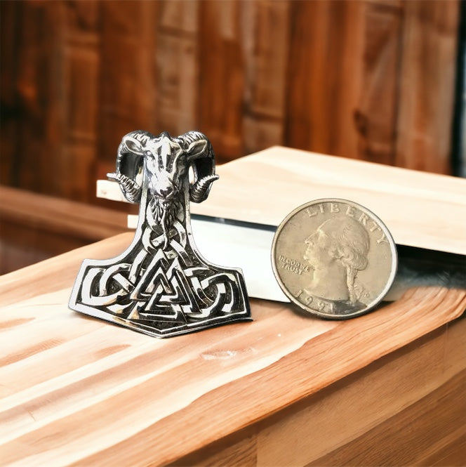 Large Handcast 925 Sterling Silver Norse Viking Ram Ram's Head Thor's Thors Hammer Mjolnir Pendant + Free Chain