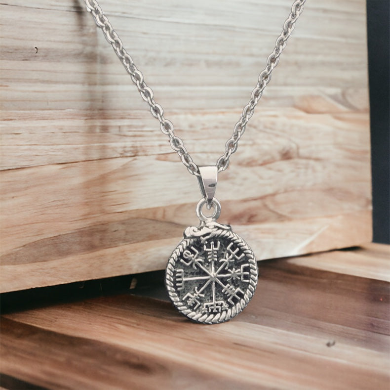 Handcast 925 Sterling Silver Norse Viking Compass Vegvisir Pendant Necklace + Free Chain