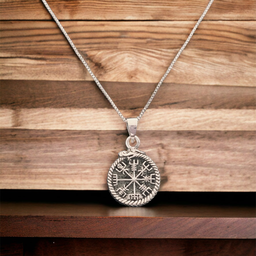 Handcast 925 Sterling Silver Norse Viking Compass Vegvisir Pendant Necklace + Free Chain