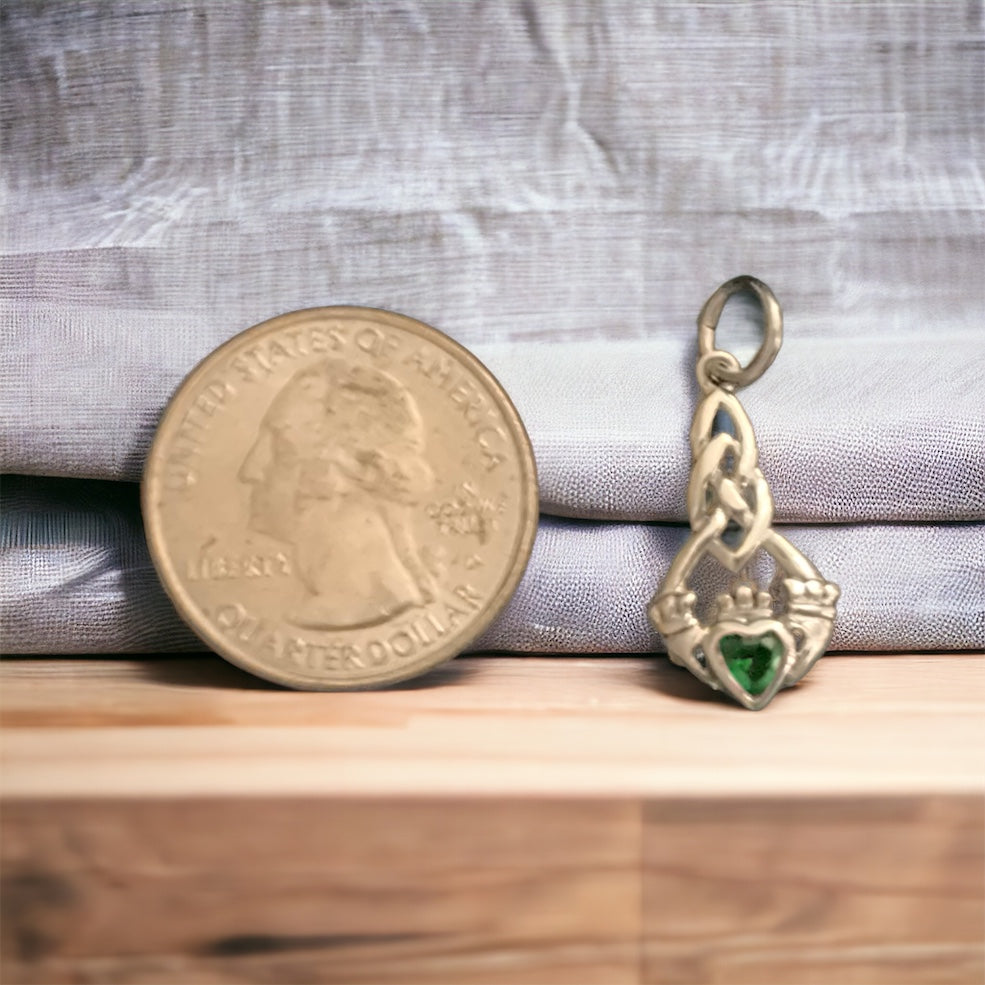 Sterling Silver Irish Claddagh Pendant w/ Green CZ + Free Chain