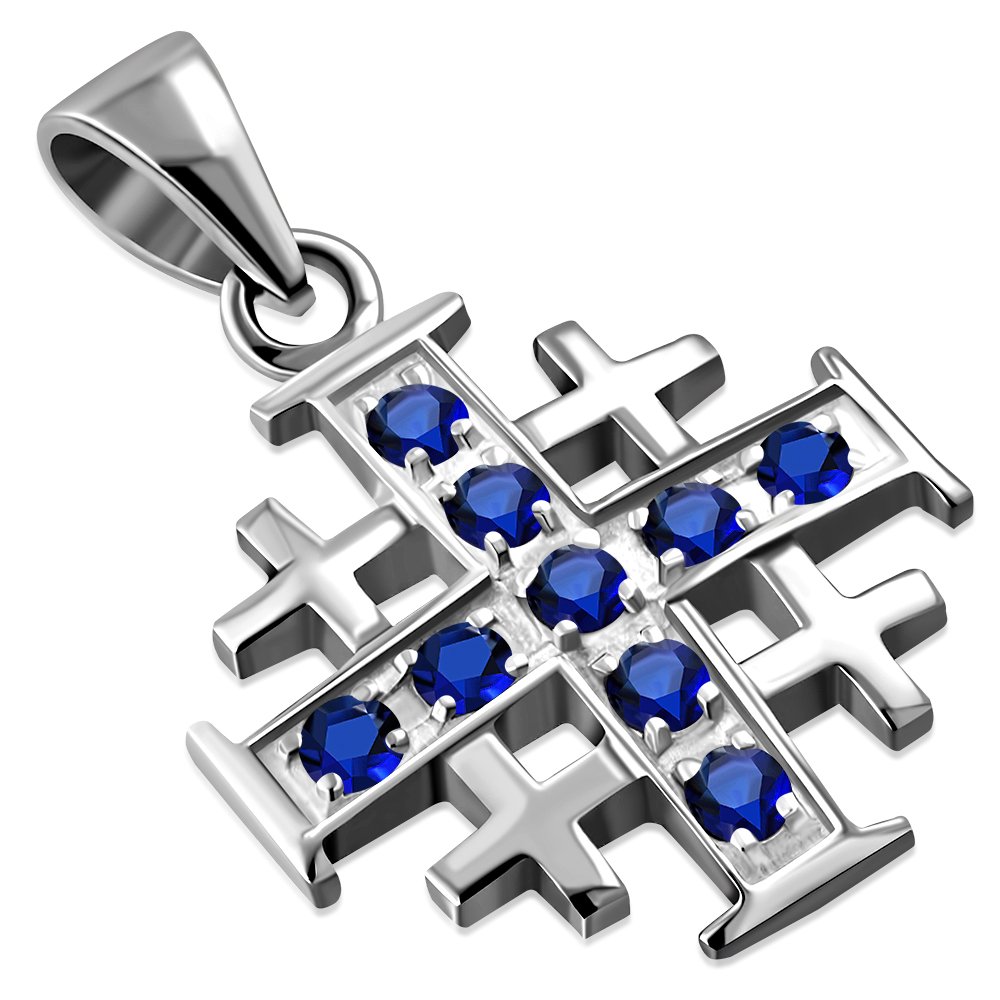 925 Sterling Silver Jerusalem / Crusader Cross w/ Blue Sapphire CZ Pendant Necklace + Free Chain