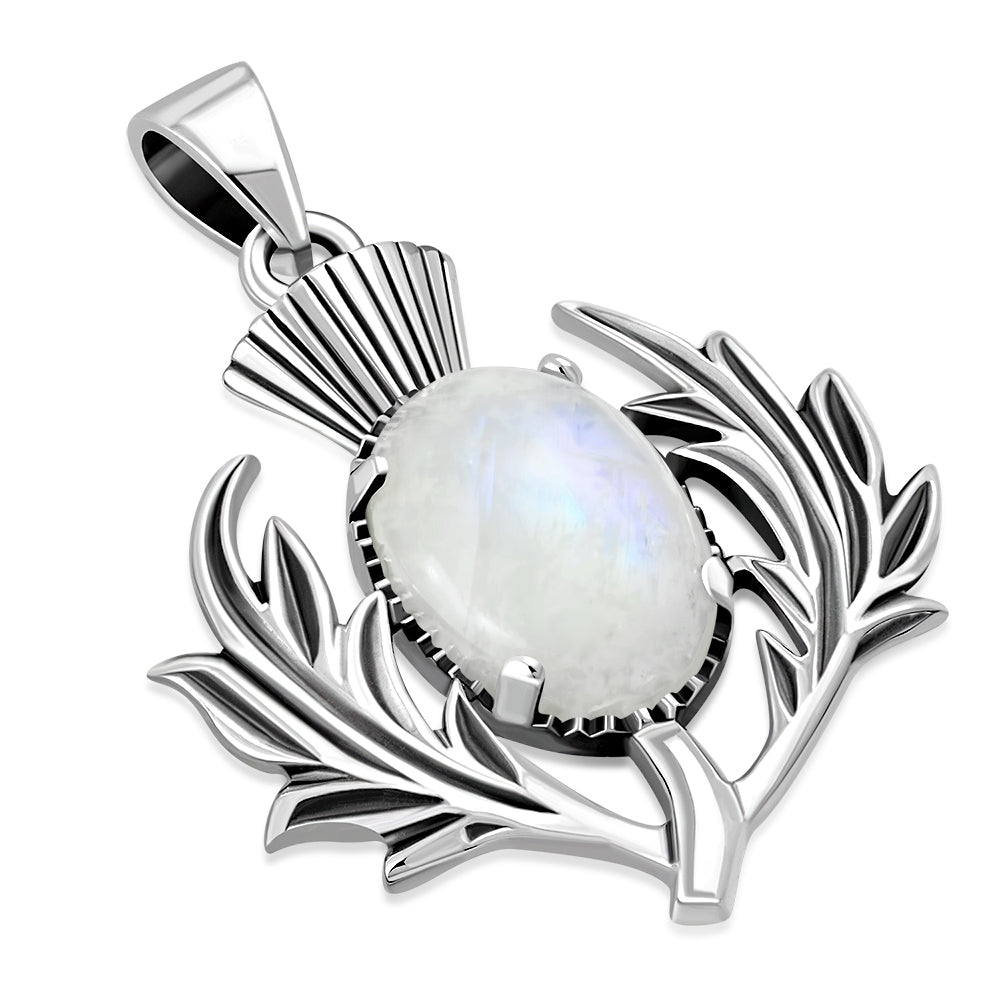 Large 925 Sterling Silver Scottish Thistle Flower Moonstone Pendant + Free Chain