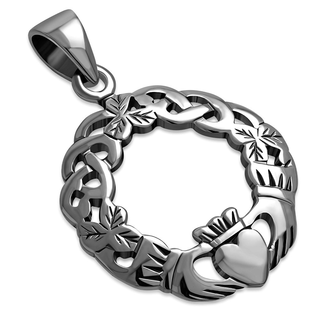 925 Sterling Silver Irish Celtic Claddagh Shamrock Pendant Necklace