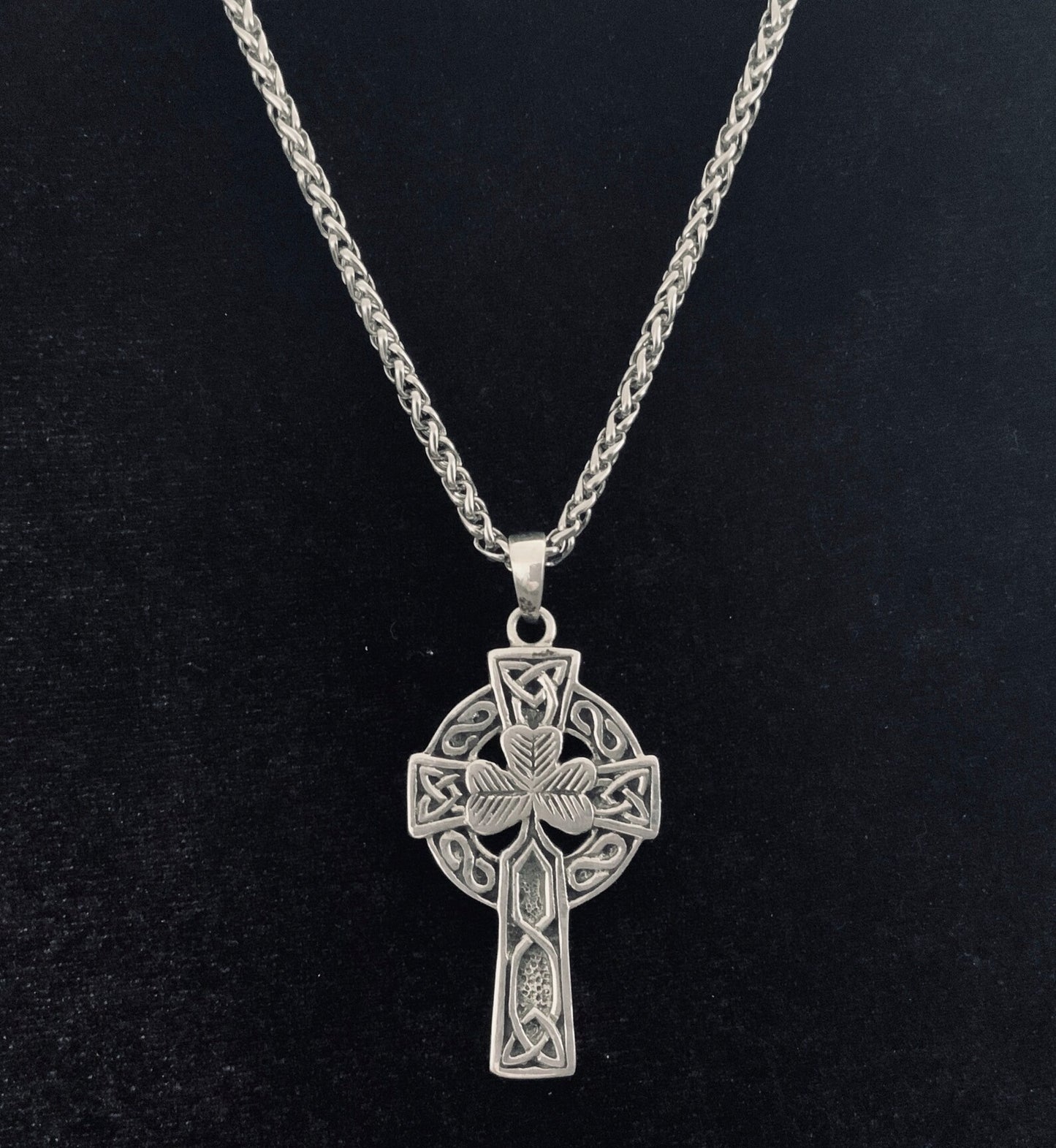 Large Silver Irish Celtic Shamrock Cross Pendant + Free Chain