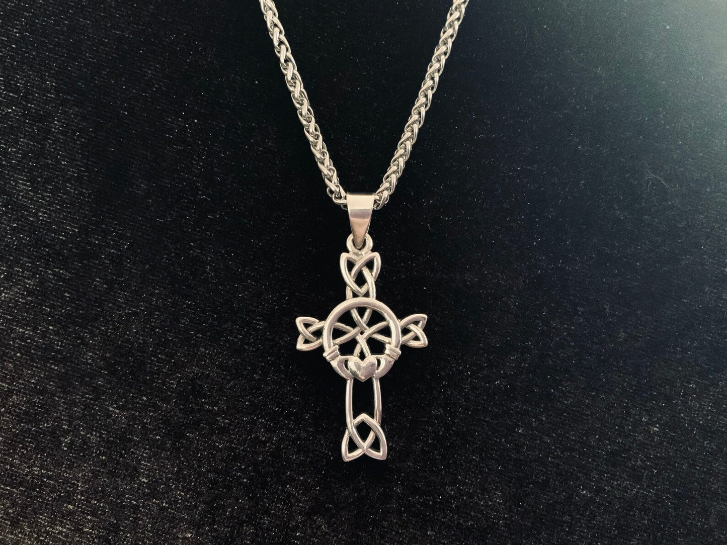 Handcast Large 925 Sterling Silver Unisex Irish Celtic Claddagh Claddaugh Cross Pendant Necklace Free Chain