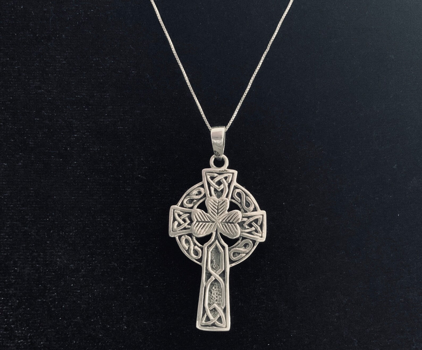 Large Silver Irish Celtic Shamrock Cross Pendant + Free Chain