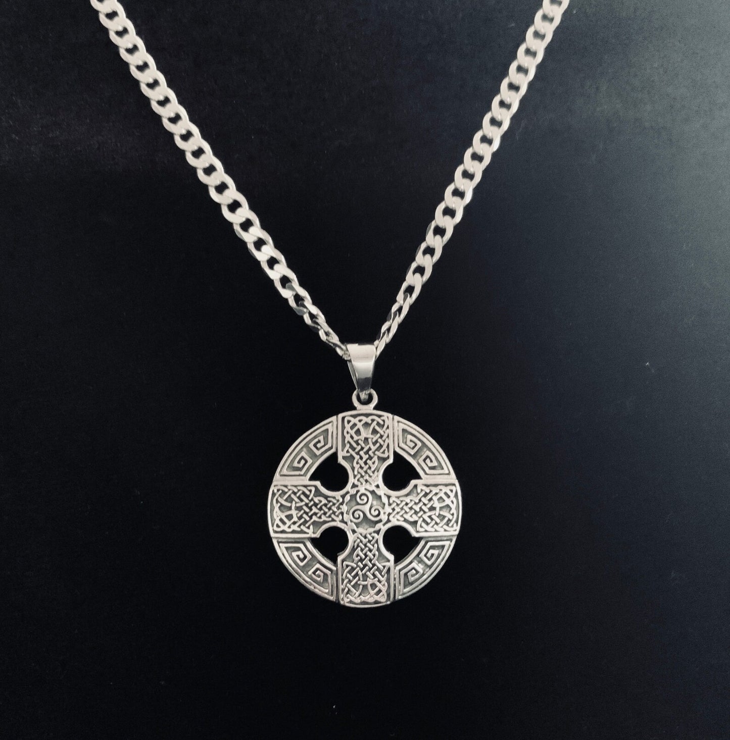 Handcast 925 Sterling Silver Equal Sided Celtic Cross Triskele Triple Spiral Triskelion Pendant Necklace + Free Chain