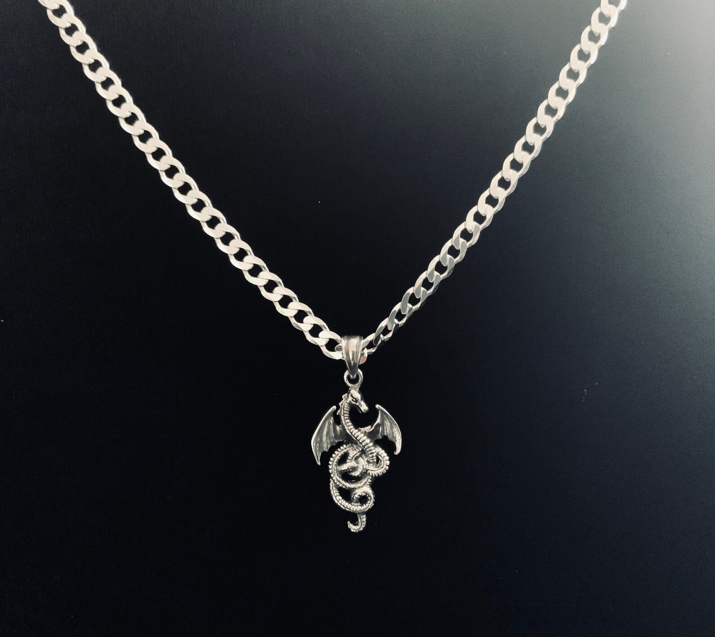 925 Sterling Silver Medieval Dragon Pendant + Free Chain