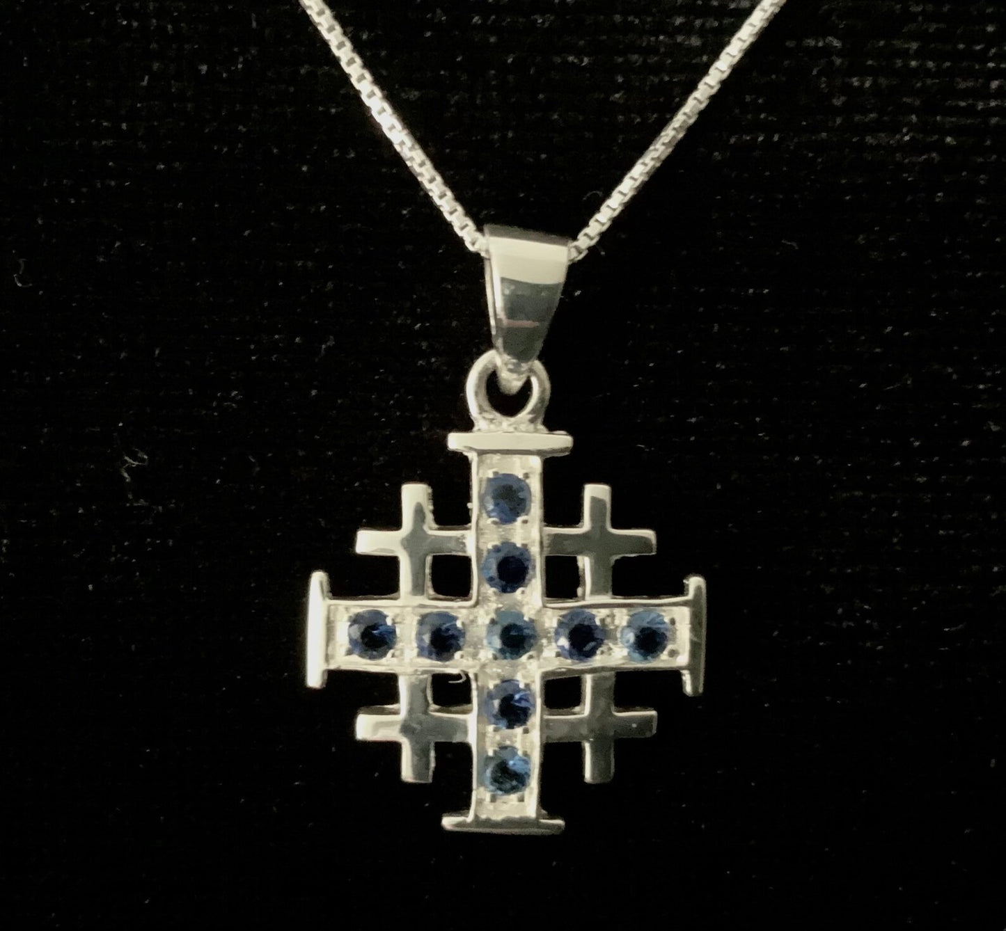 925 Sterling Silver Jerusalem / Crusader Cross w/ Blue Sapphire CZ Pendant Necklace + Free Chain