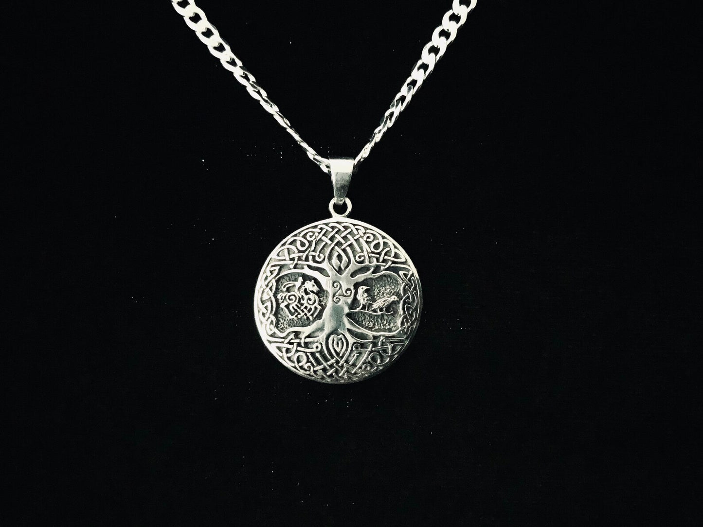 925 Sterling Silver Viking Celtic Tree of Life Pendant w/ Odin Sleipnir and Ravens Hugin / Munin + Free Chain