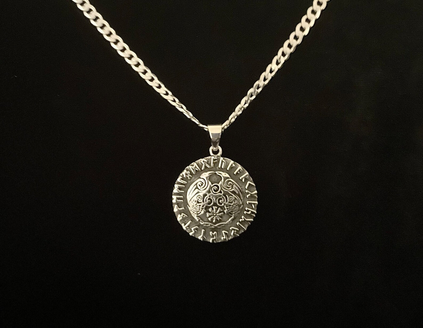 Handcast 925 Sterling Silver Norse Viking Celtic Raven Huginn and Muninn Rune Alphabet Pendant Necklace
