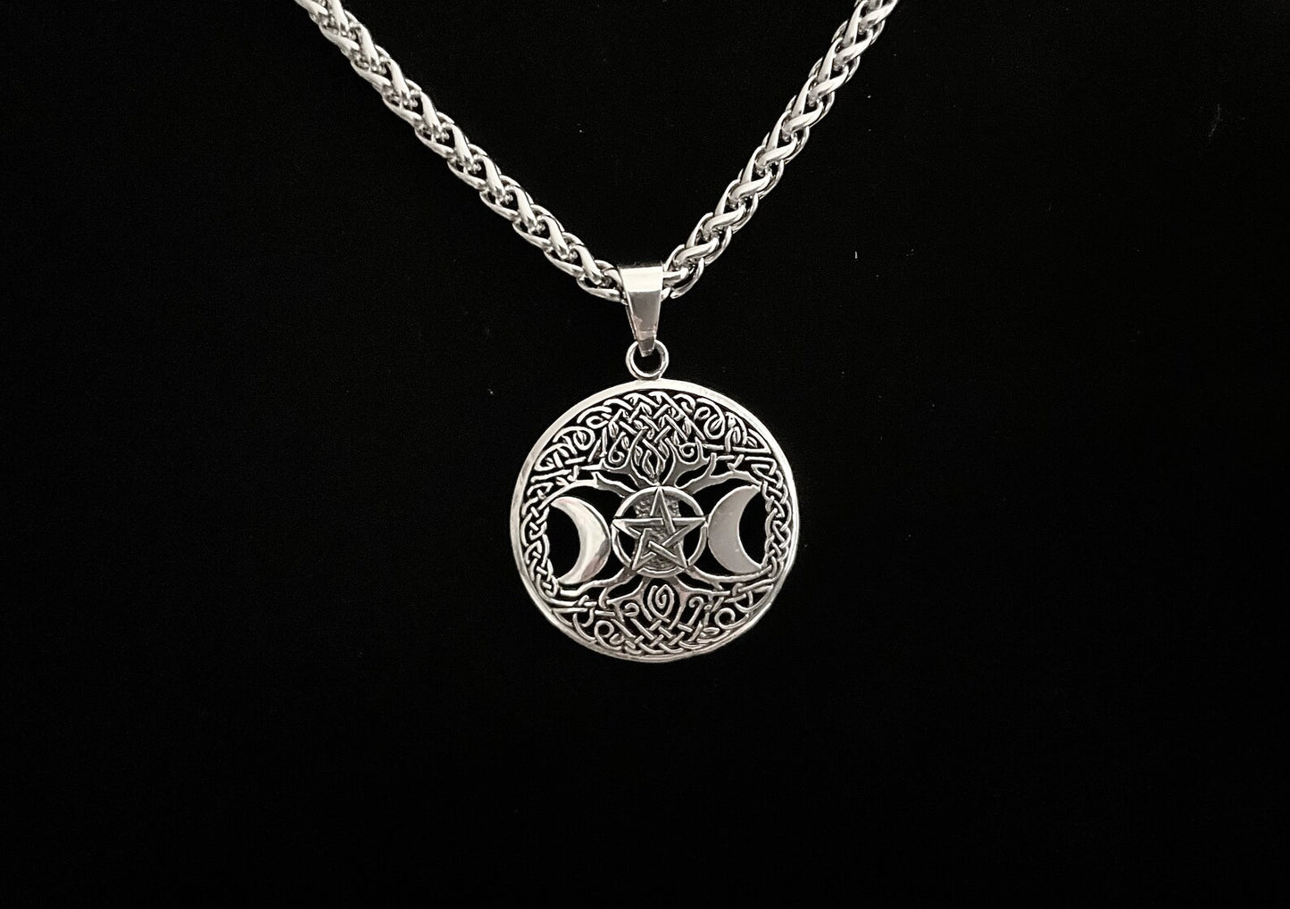 925 Sterling Silver Celtic Tree of Life Triple Goddess Pentacle Pendant + Free Chain