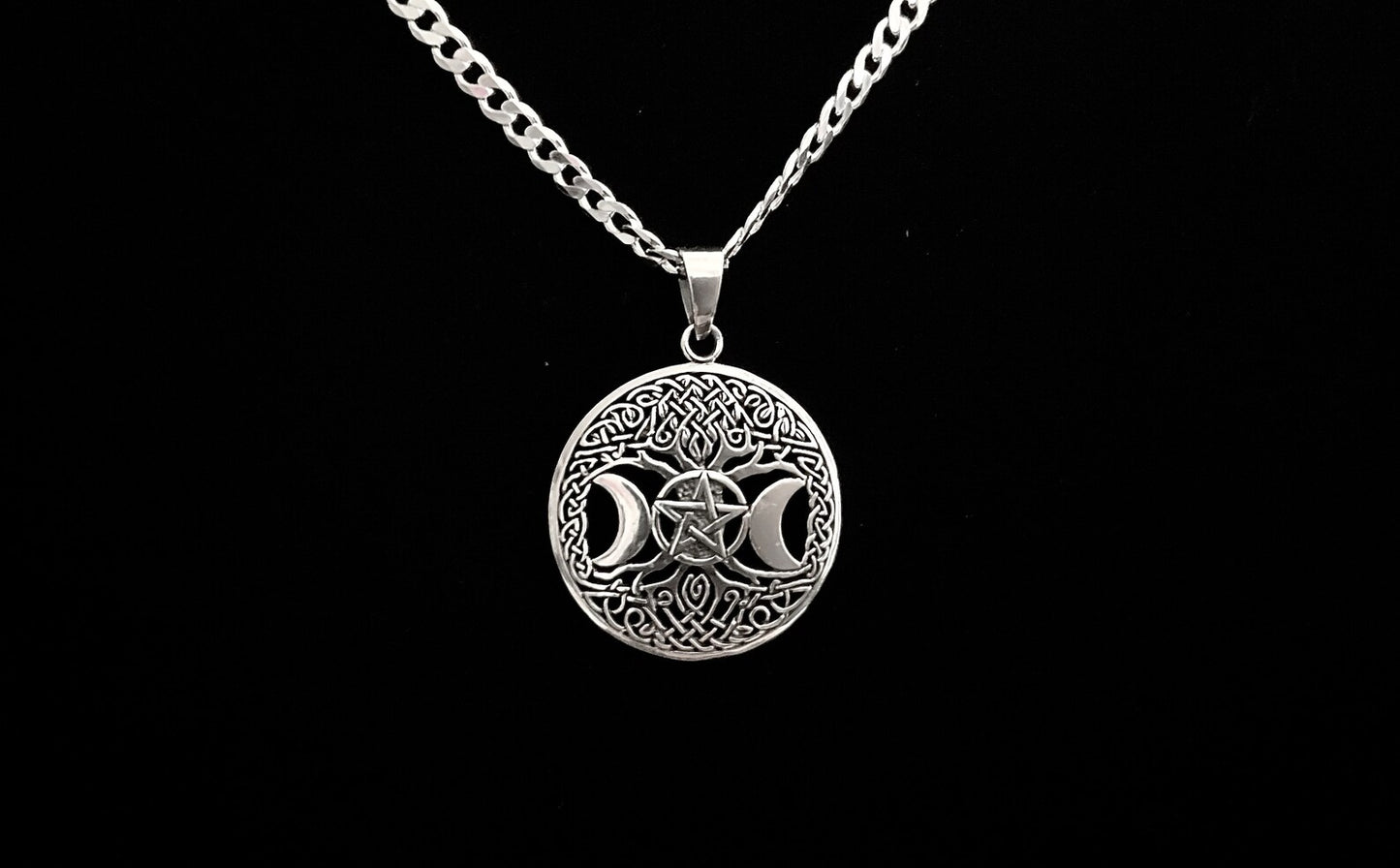 925 Sterling Silver Celtic Tree of Life Triple Goddess Pentacle Pendant + Free Chain