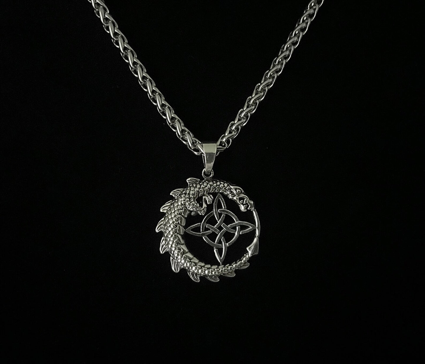 Large 925 Sterling Silver Medieval Dragon wrapped around Celtic Compass Pendant + Free Chain
