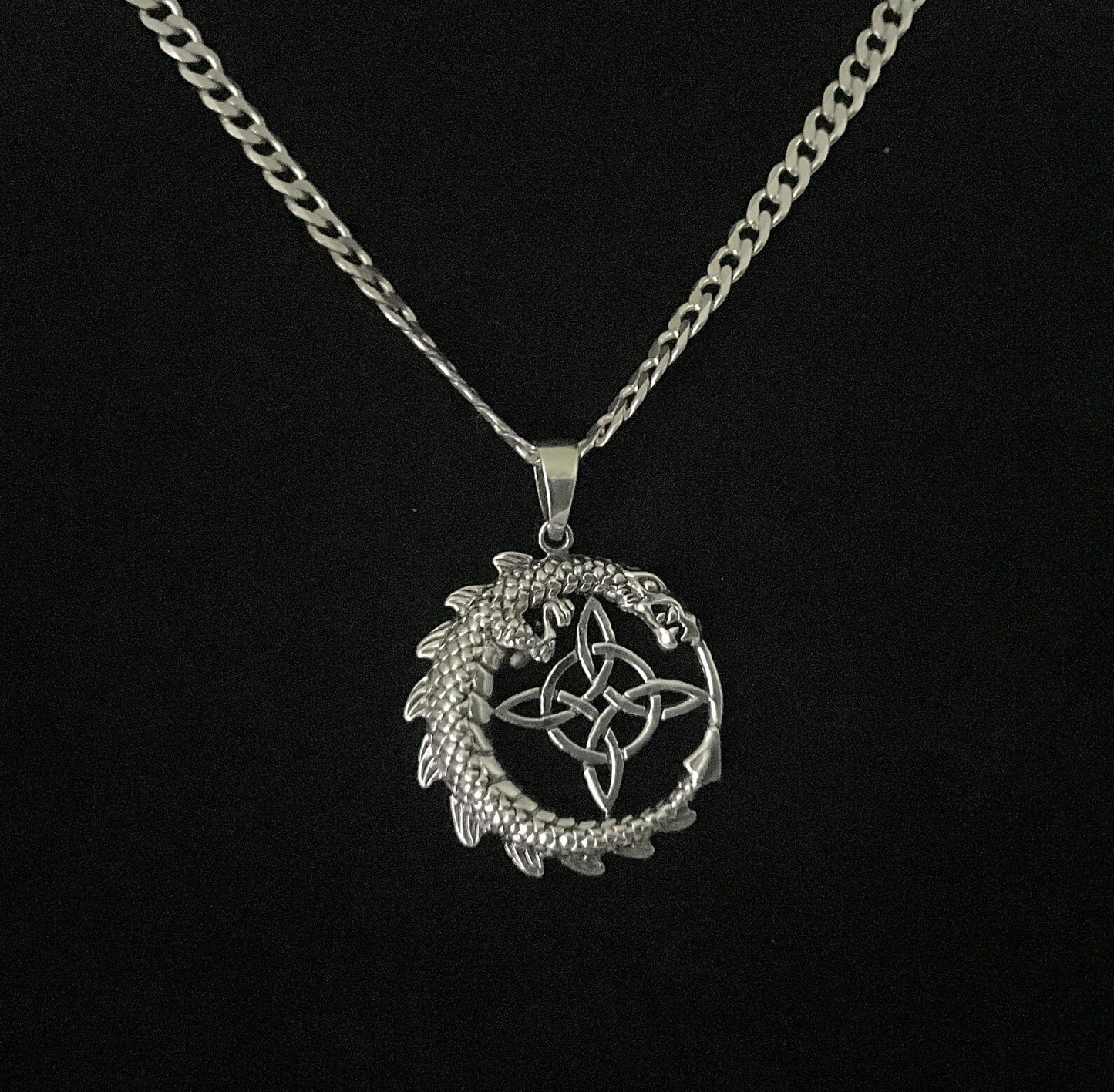 Large 925 Sterling Silver Medieval Dragon wrapped around Celtic Compass Pendant + Free Chain