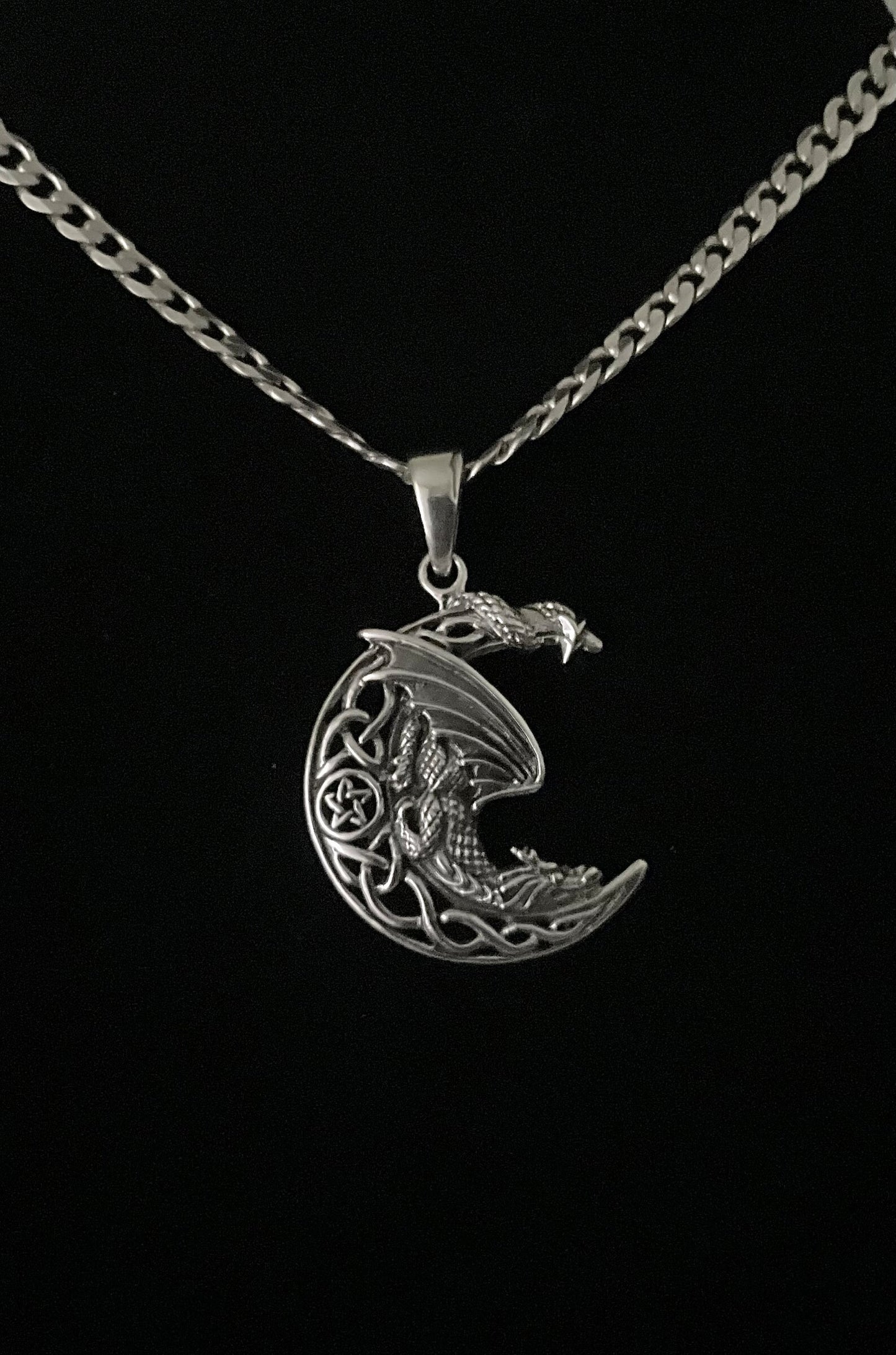 Large 925 Sterling Silver Medieval Dragon wrapped around Celtic Crescent Moon Pendant + Free Chain