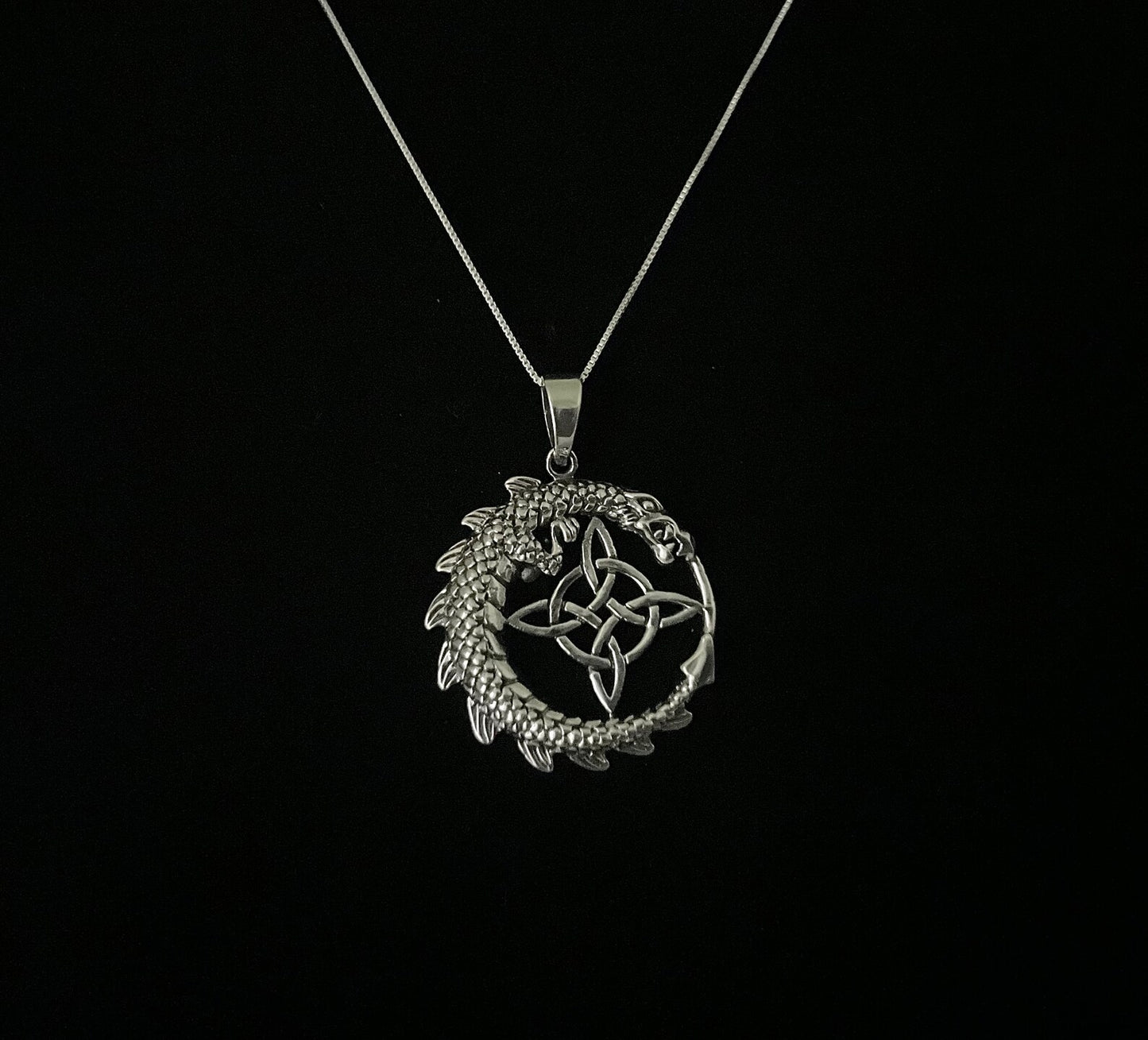 Large 925 Sterling Silver Medieval Dragon wrapped around Celtic Compass Pendant + Free Chain
