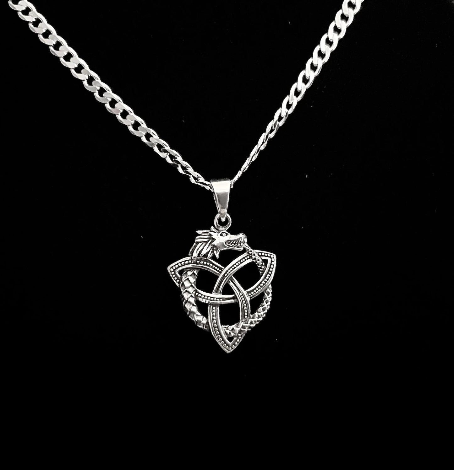 925 Sterling Silver Irish Celtic Trinity Triquetra Knot with entwined Ouroboros Dragon Pendant + Free Chain
