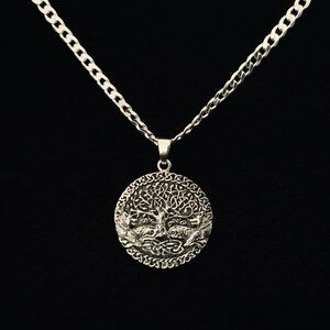 925 Sterling Silver Celtic Tree of Life Pendant w/ Viking Wolves+ Free Chain