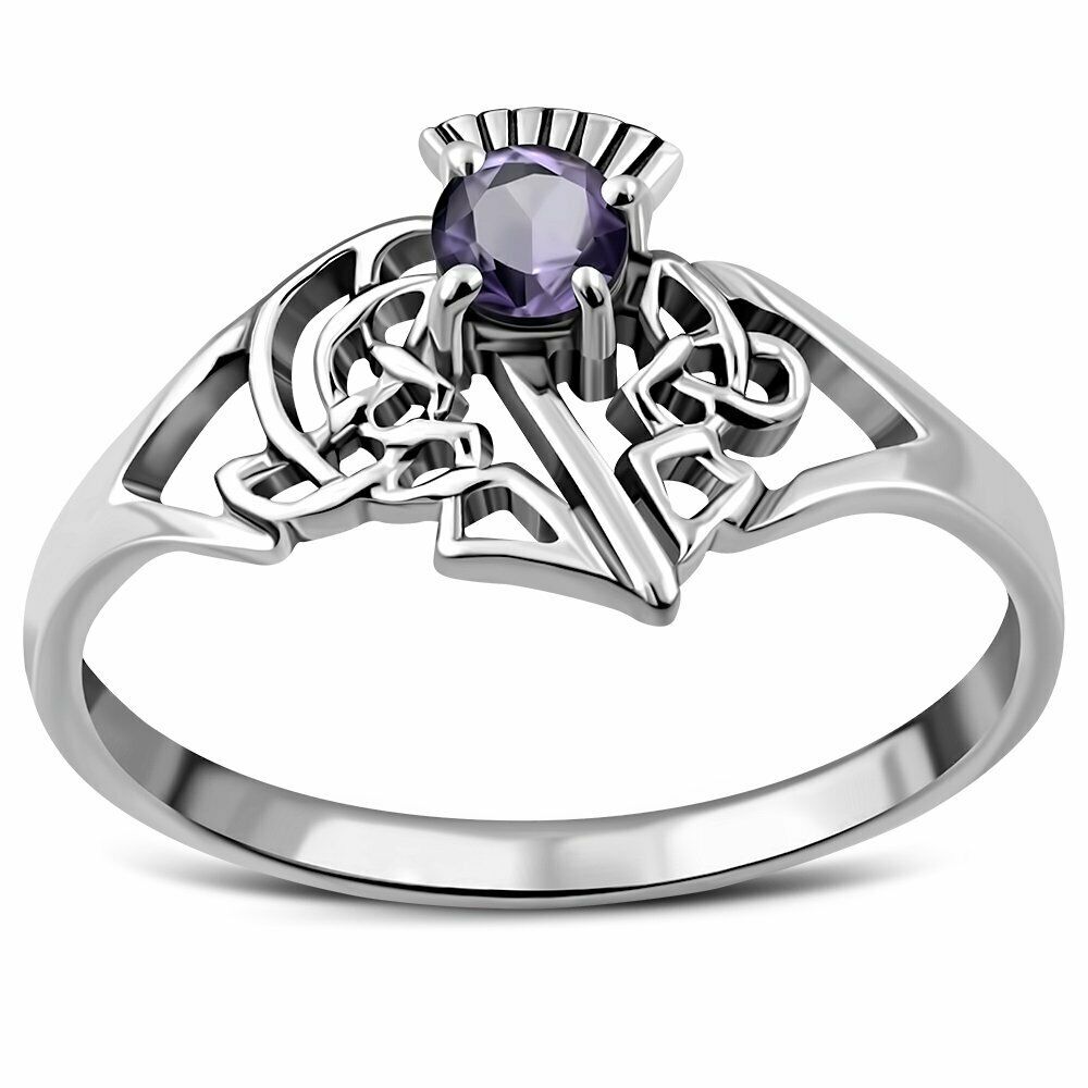 925 Sterling Silver Scottish Thistle Ring with Amethyst