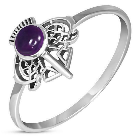 925 Sterling Silver Scottish Thistle Ring set with genuine Amethyst Stone