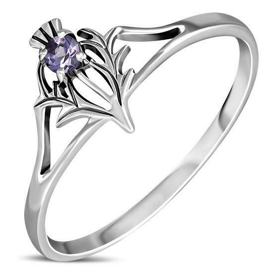 925 Sterling Silver Scottish Thistle Ring set with faceted Amethyst