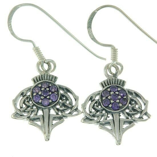 Silver Scottish Thistle Dangle Earrings Amethyst CZ