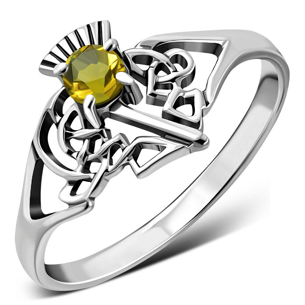 925 Sterling Silver Scottish Thistle Ring Yellow Citrine