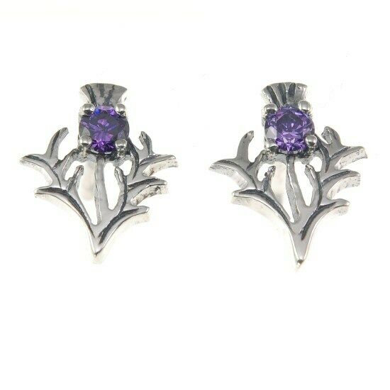 Silver Scottish Thistle Stud Post Earrings Amethyst CZ
