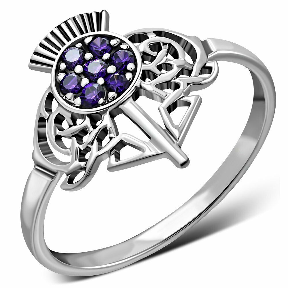 925 Sterling Silver Scottish Thistle Ring with Amethyst CZ