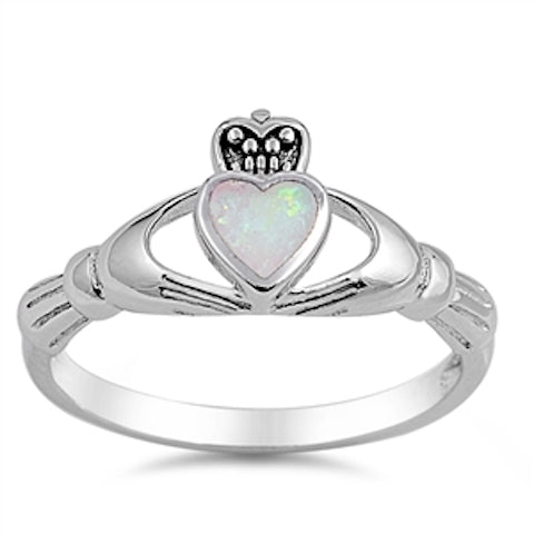 Sterling Silver Irish Claddagh Ring w/ White Opal