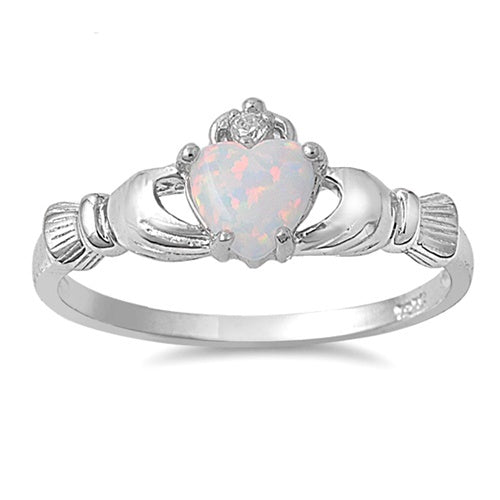 Sterling Silver Irish Claddagh Ring w/ White Opal