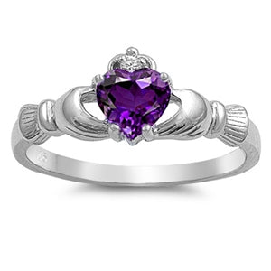 Sterling Silver Irish Claddagh Ring w/ Amethyst CZ