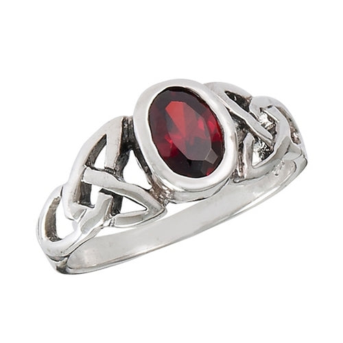Silver Celtic Triquetra / Trinity Knot Ring Garnet CZ