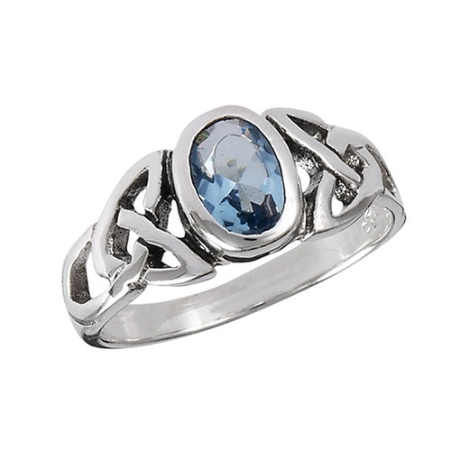 Silver Celtic Triquetra / Trinity Knot Ring Blue Topaz CZ