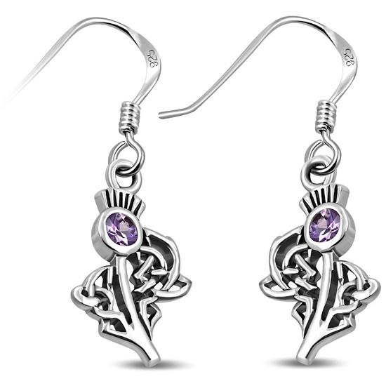 Silver Scottish Thistle Dangle Earrings faceted Amethyst