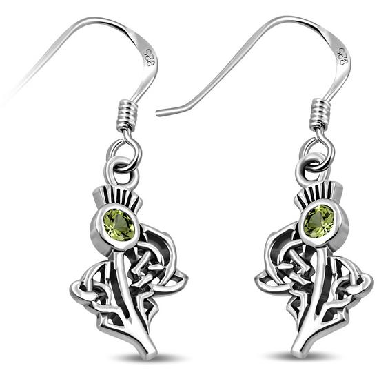 Silver Scottish Thistle Dangle Earrings Peridot