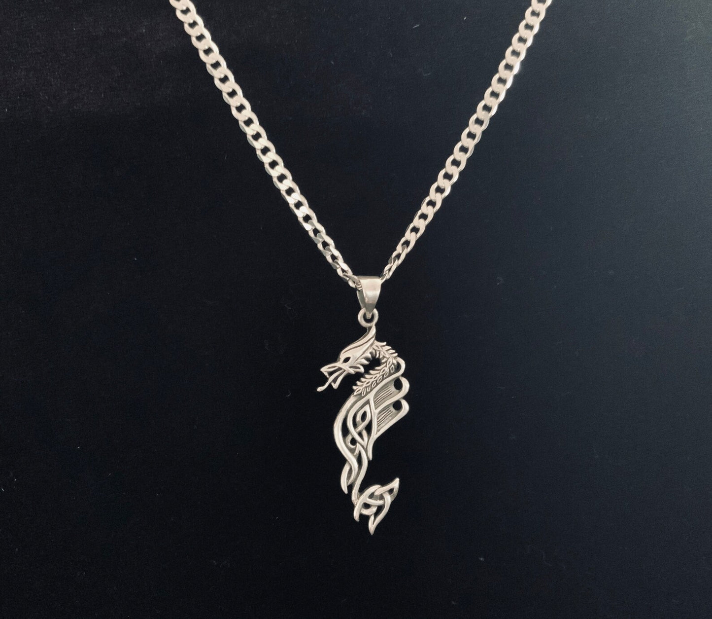 Large Handcast 925 Sterling Silver Celtic Dragon Pendant Necklace + Free Chain