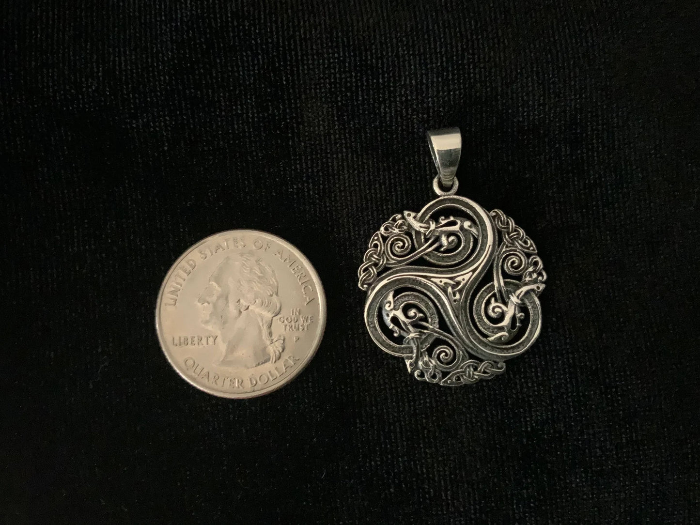 Large Handcast 925 Sterling Silver Celtic Triskele Triple Spiral Pendant w/ Entwined Celtic Dragons Necklace