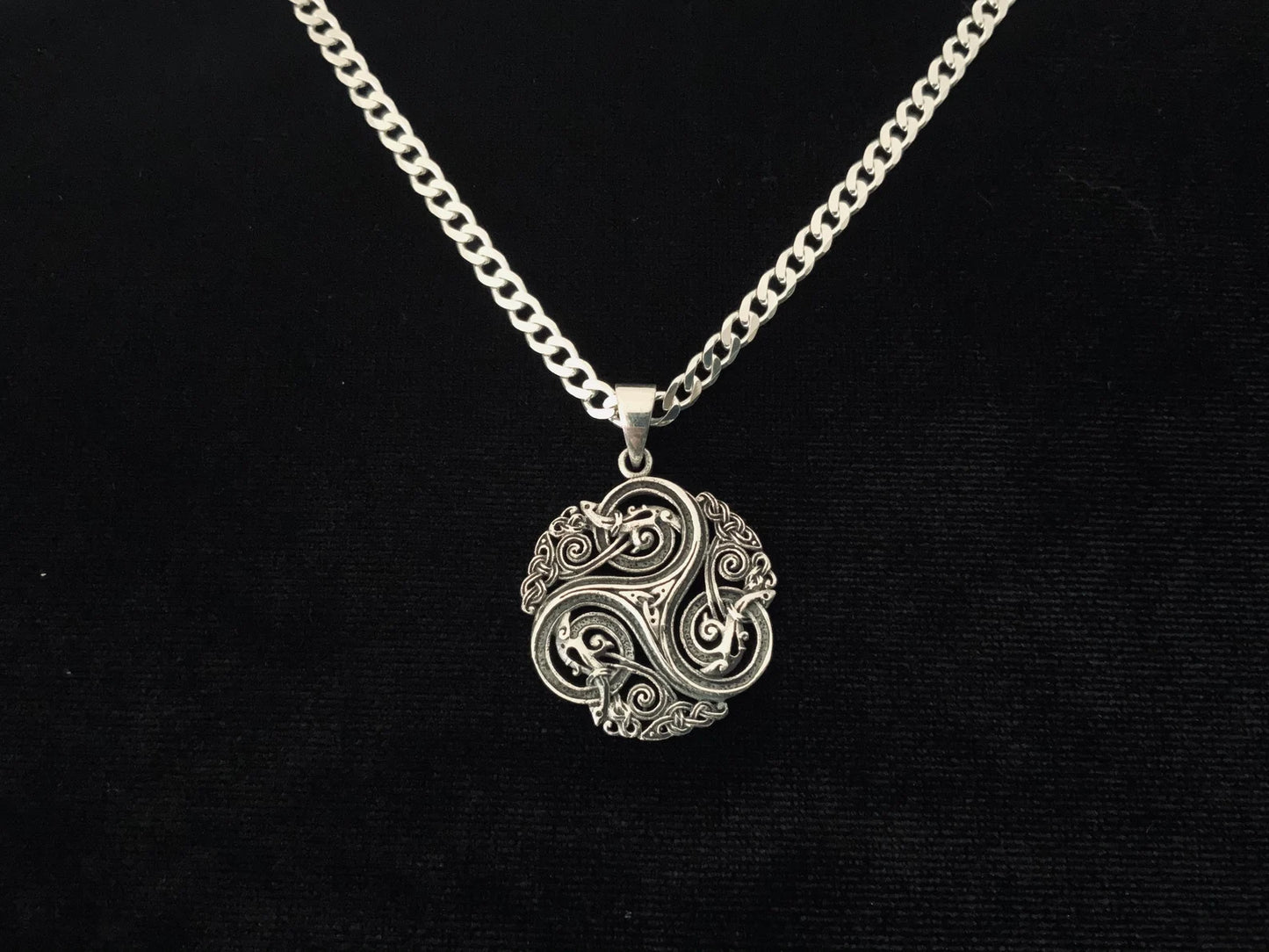 Large Handcast 925 Sterling Silver Celtic Triskele Triple Spiral Pendant w/ Entwined Celtic Dragons Necklace