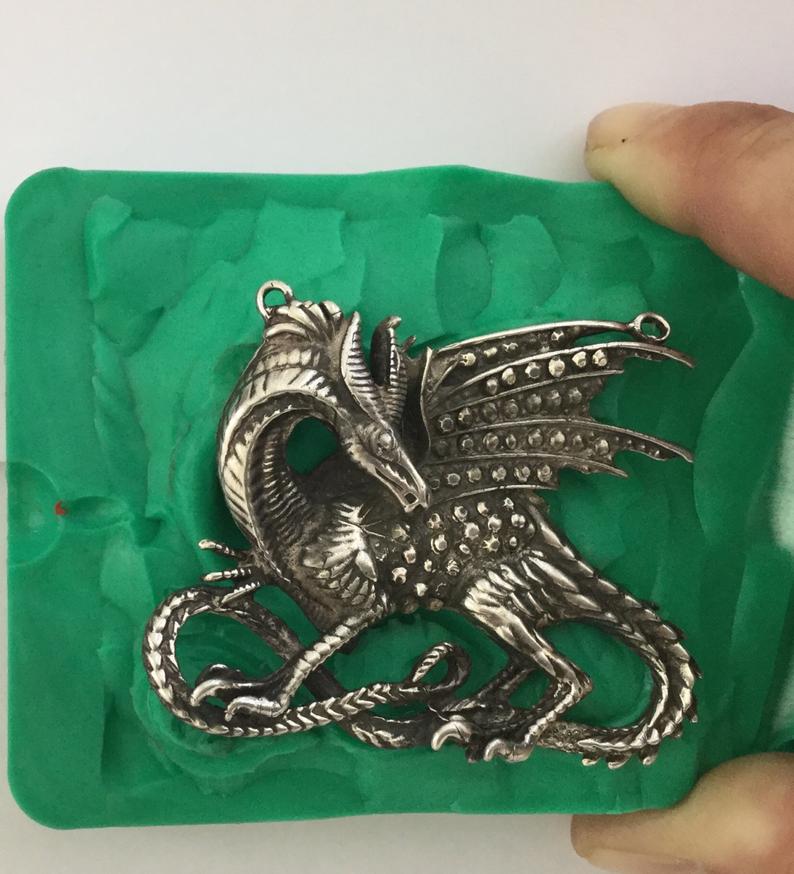 Large Handcast 925 Sterling Silver Heavy Medieval Dragon Pendant Necklace