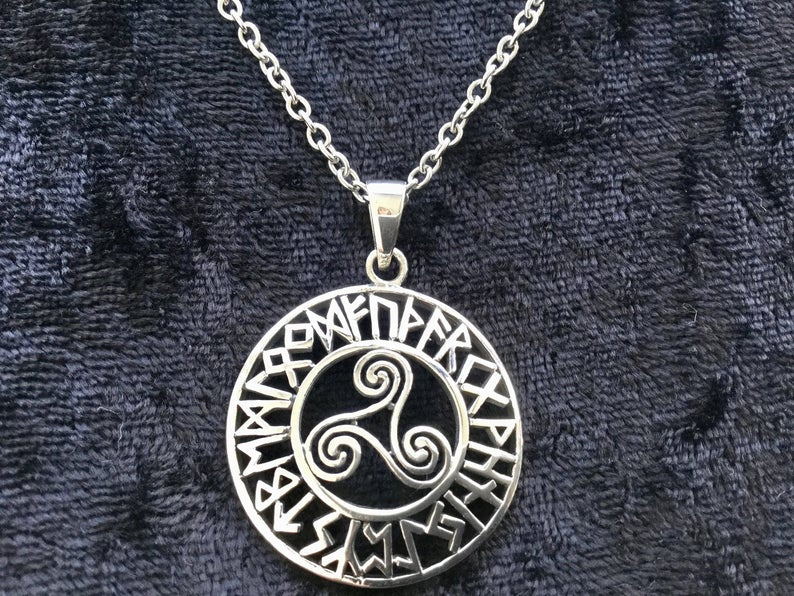 Handcast 925 Sterling Silver Celtic Viking Triskele Triple Spiral  Triskelion Pendant Necklace 24 Runes + Free Chain