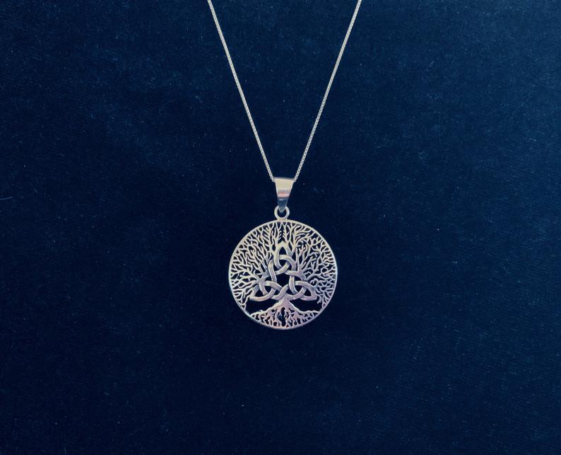 Large Handcast 925 Sterling Silver Irish Celtic Triquetra Trinity Knot Tree of Life Pendant + Free Chain Necklace