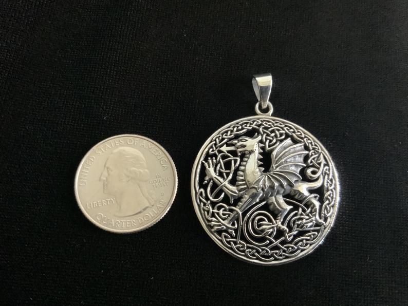 Handcast Large 925 Sterling Silver Welsh Dragon Necklace