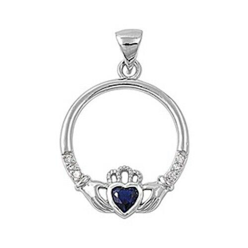 925 Sterling Silver Irish Celtic Claddagh Claddaugh Pendant Sapphire Blue CZ Necklace Free Chain